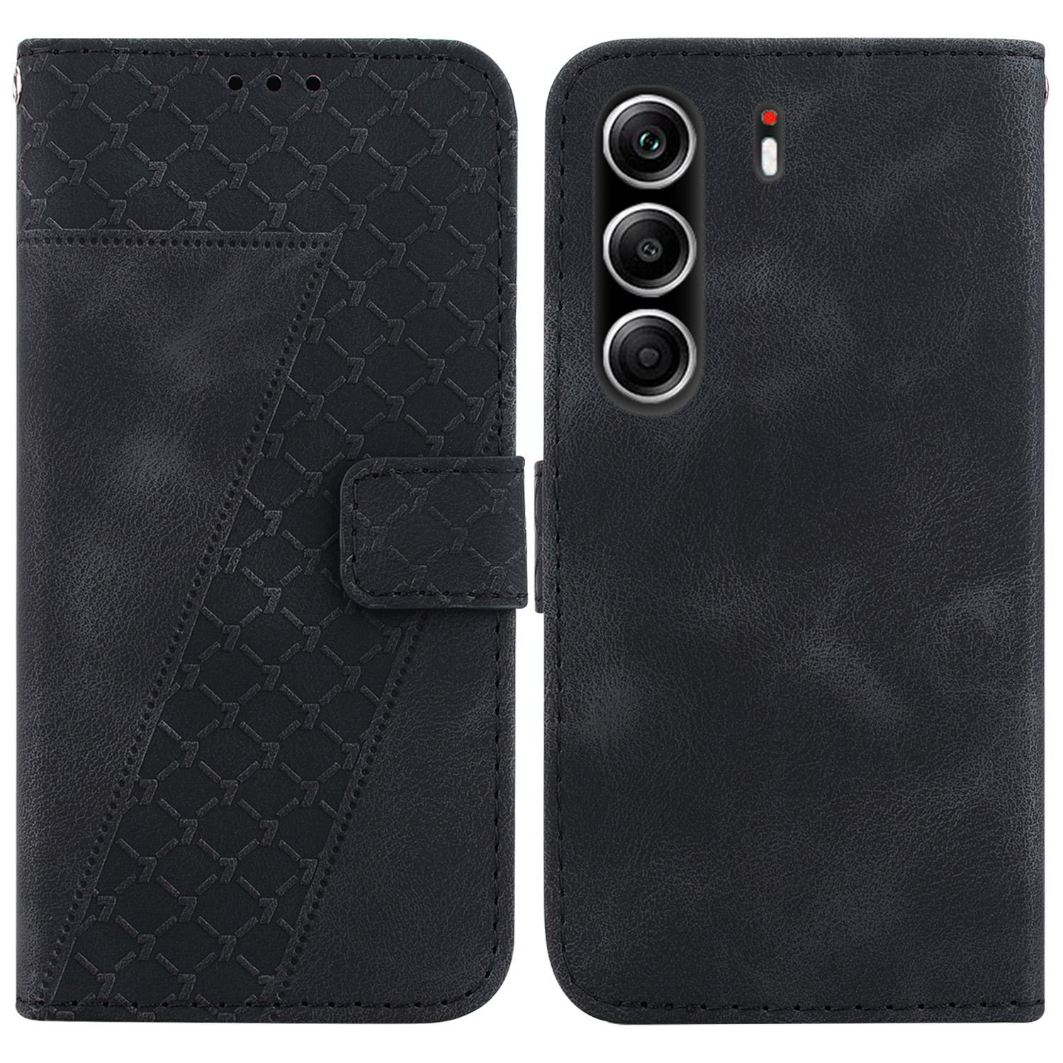 

Для TECNO Camon 40 Pro 5G/4G Чехол-подставка Кожаный чехол для телефона с тиснением в виде 7-образного узора и ремешком Black