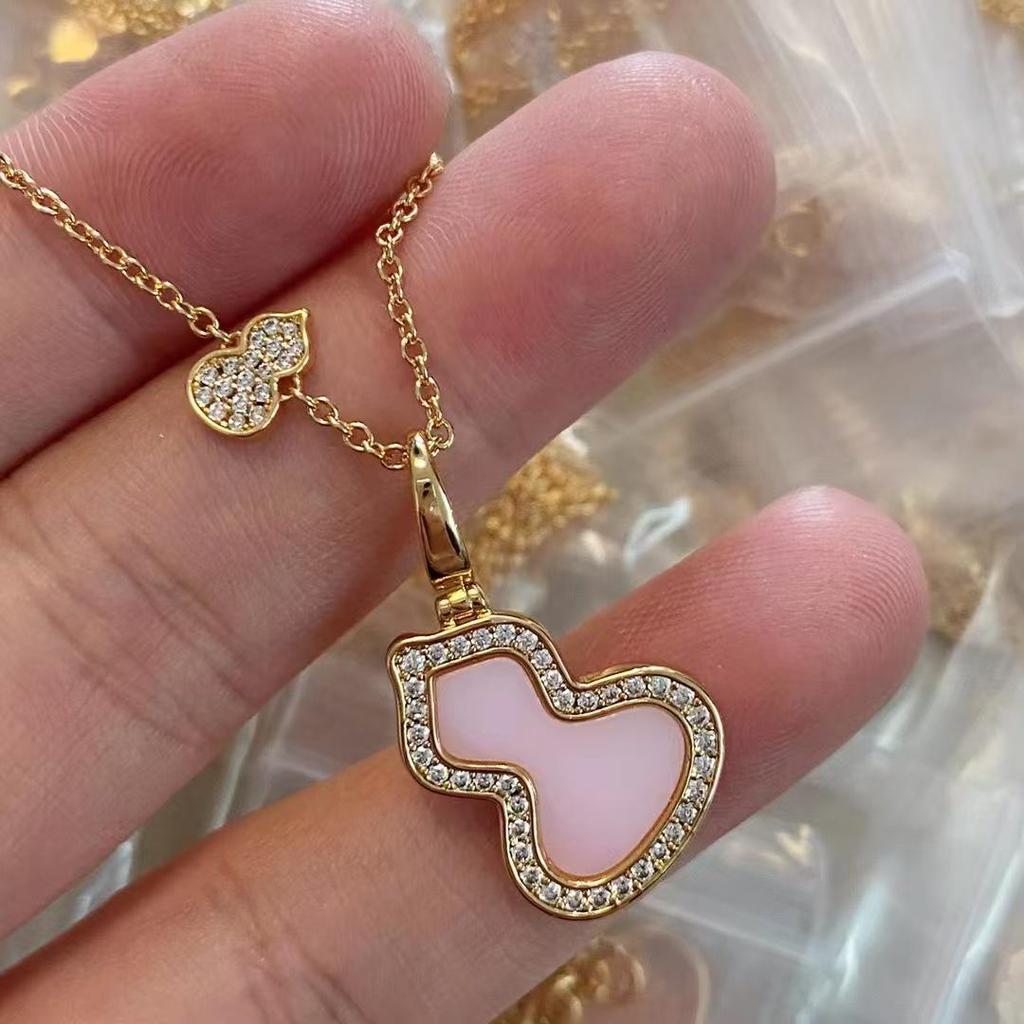 Elegant Women's 18K Rose Gold Gourd Necklace with Red Agate, Natural Jade, and Diamond Pendant.