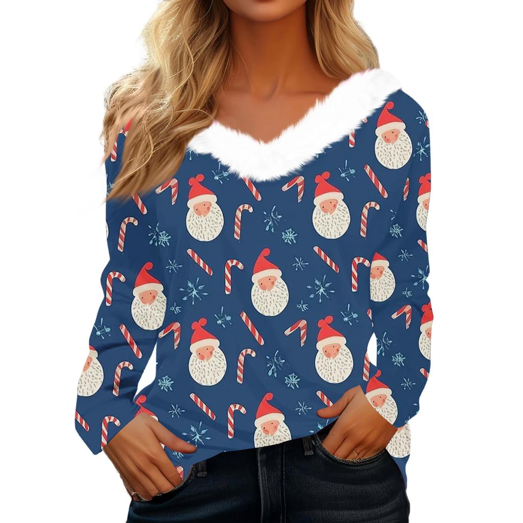 Women's Fashion Long Sleeve Christmas V-Neck Printed Party Furry Top