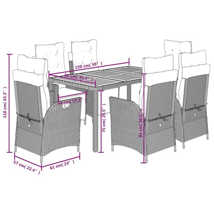 VidaXL 7-Piece Garden Dining Set with Cushions, Table and Chairs with Adjustable Backrest, Outdoor Furniture, 3213098