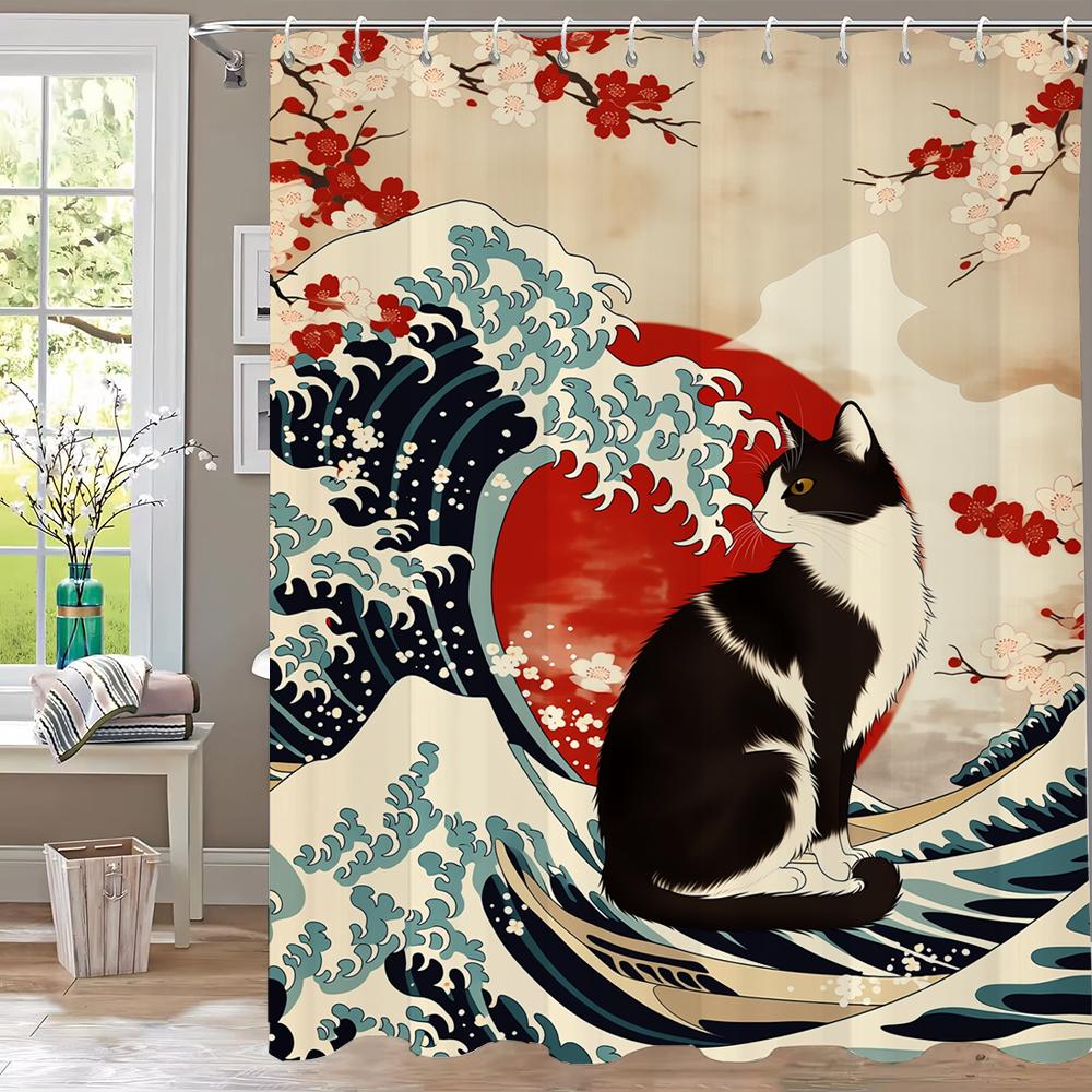 Wave Sunrise Cat Print Waterproof Shower Curtain Partition Privacy Hanging Curtain With 12 Hooks Multiple Sizes Machine Washable
