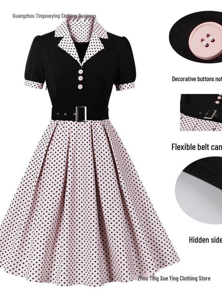 Stippen Revers Korte Mouwen Met Riem Afslankende Jurk voor Dames - Lente/Zomer Mode