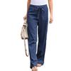 Women Casual Solid Color High Waist Belt Wide Leg Long Straight Pants Trousers