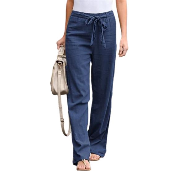 Women Casual Solid Color High Waist Belt Wide Leg Long Straight Pants Trousers