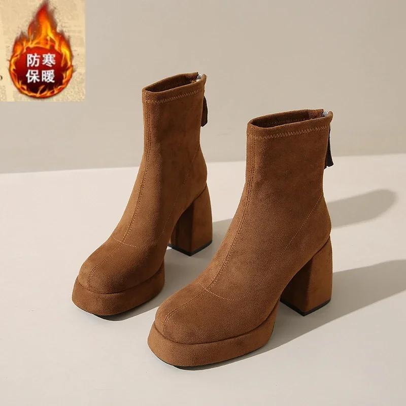 Fashion Suede Super High Heels Women Boots Ankle Chelsea Shoes New Winter Chunky Dress Shoes Party Elegant Pumps Goth Botas Mujer