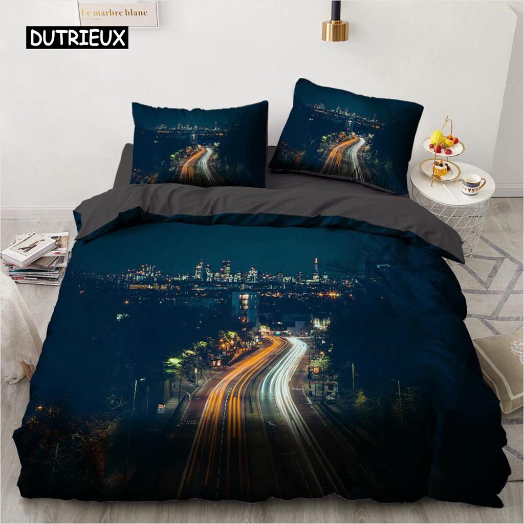 Urban Night View Duvet Cover Set Brightly Lit Night Scene Bedding Set for Teens Adults Queen Size Soft Microfiber Quilt Cover