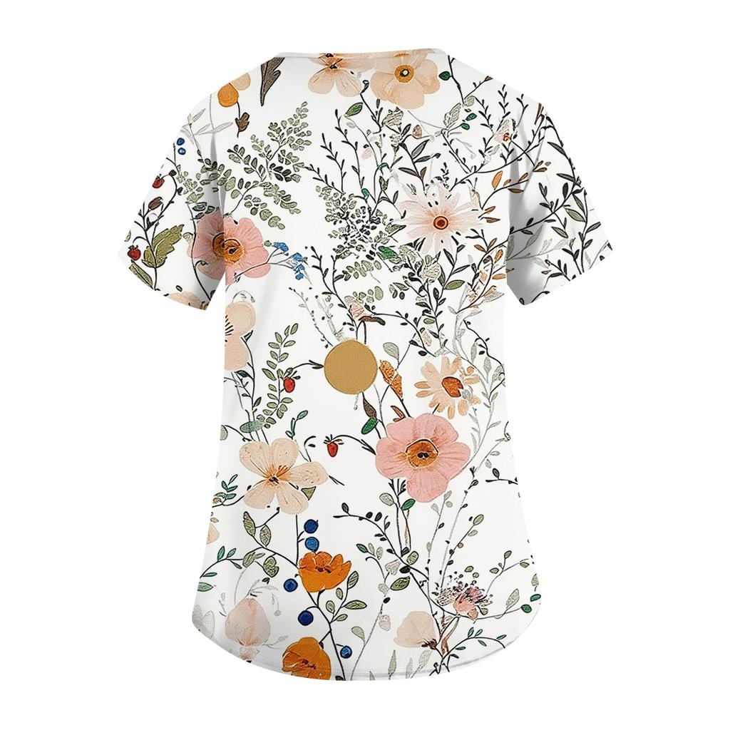 Dames Leuke Stippenprint Werkkleding V-hals Dubbele Laag Zakken Basic Top met Korte Mouwen Pullover