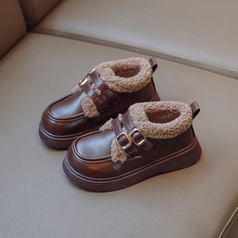 

Winter Girls School Shoes Child Retro Black Beige Brown Princess Fur Shoes Kids All-match PU Leather Little Girl Footwear F10232 23 коричневый