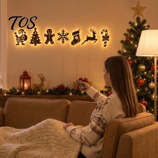 Ambient Night Light for Bedroom 7Pcs LED Reindeer Wall Decorations Christmas, Wooden Glowing Deer/Santa Claus/Xmas Festive Holiday Ornaments