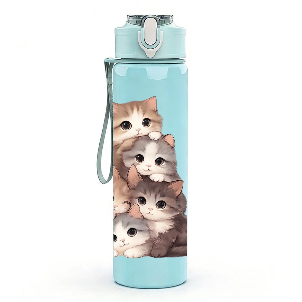 1 Stück gestapelte flauschige Katzen Kunst 750ml Farbe Kunststoff Sportwasserflasche Auslaufsicher Klappdeckel mit Strohhalm Geeignet für Sport Büro Zuhause
