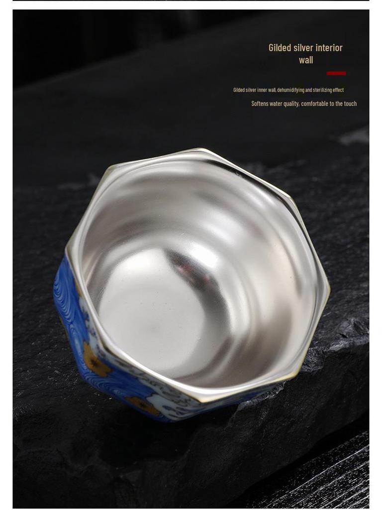 Sterling Silver & Ceramic Gilded Teacup - Kung Fu Style Master Tasting Cup Business Gift