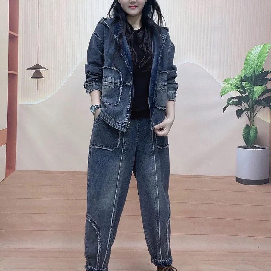 Spring and Autumn Fashion Casual Denim Jacket Spring and Autumn Two-piece Western Style Thin Harem Pants Loose Suit