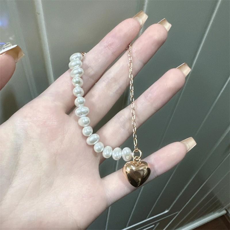 Korean Dongdaemun Pearl Heart Necklace & Bracelet Set - Adjustable Chain, Trendy Celebrity Style
