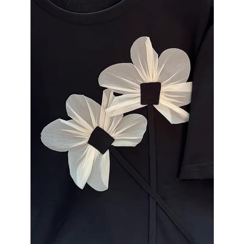 Tricou casual de damă cu imprimeu floral, gât rotund și mânecă scurtă