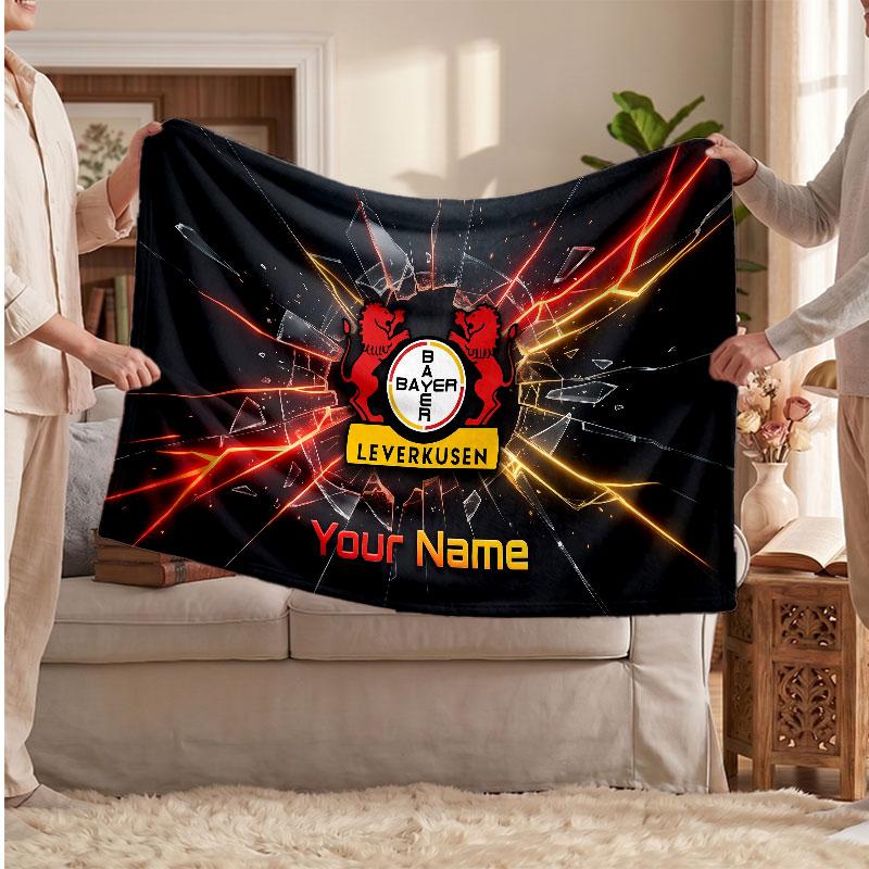 Bayer Leverkusen Football Personalized Fleece Blanket With Football Logo, Custom Name Text Soft Warm Home Throw Blanket