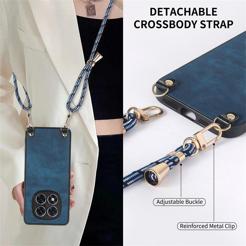Leather Adjustable Crossbody Strap Case for Xiaomi Redmi Note 14 Pro Plus Detachable Lanyard Cover for Redmy Note14 Note14pro+