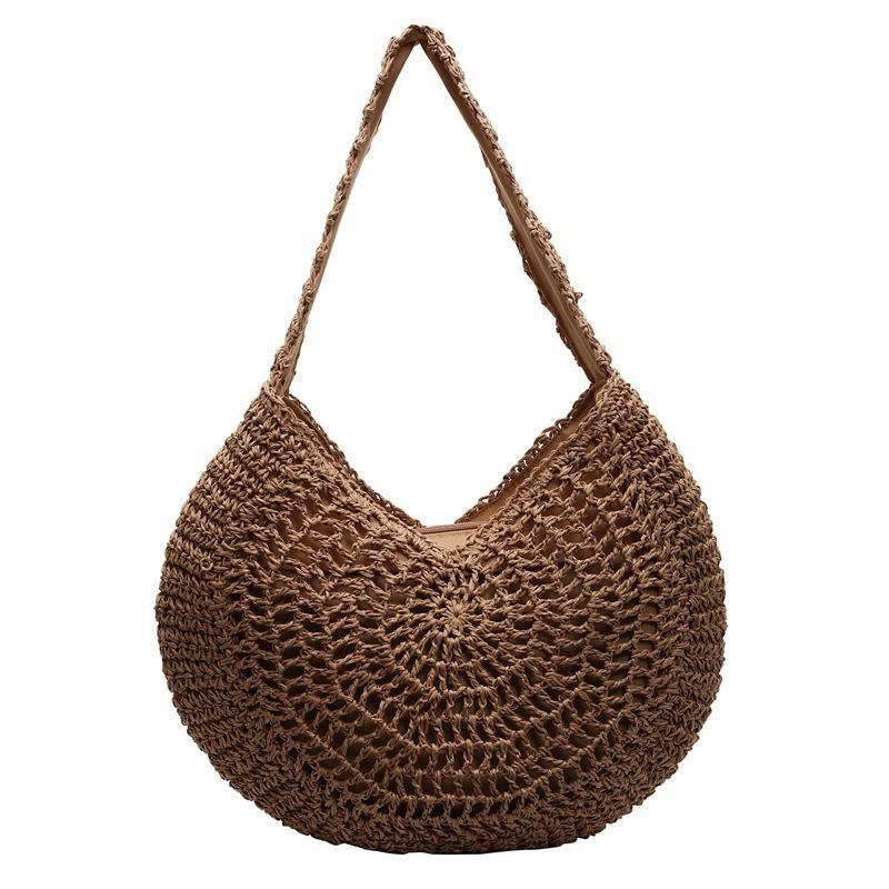 

New versatile summer hollow straw bag large capacity hand-woven bag simple shoulder women s bag vacation beach bag magnetic buckle темный кофе