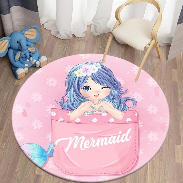 Cartoon Mermaid Pattern Round Carpet Living Room Anti -Slip Carpet Family Bedroom Decorative Floor Mats Children 'S Room Soft Mats