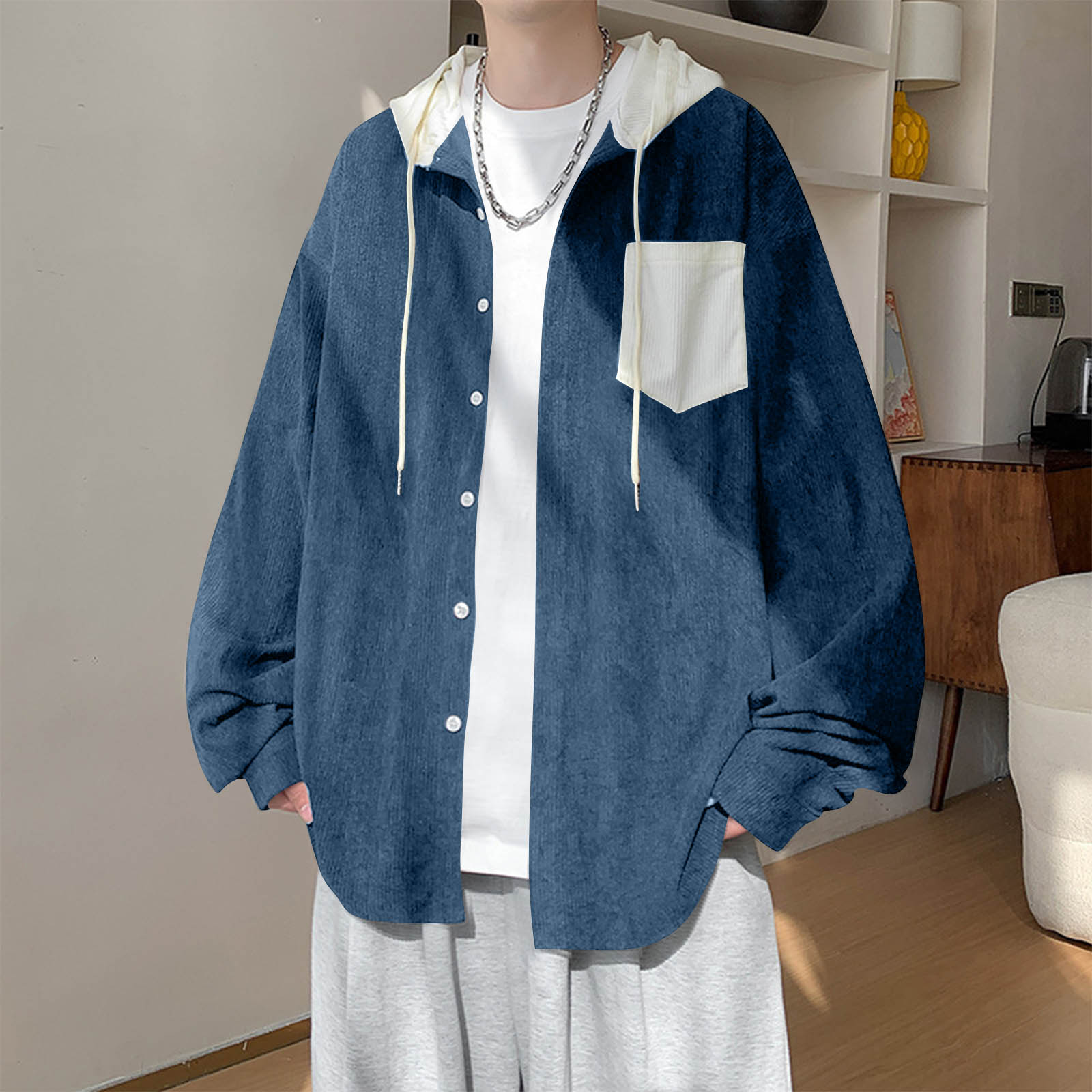 

Мужская цветная свободная толстовка с капюшоном и длинными рукавами, молодежная модная повседневная трендовая рубашка XL синий