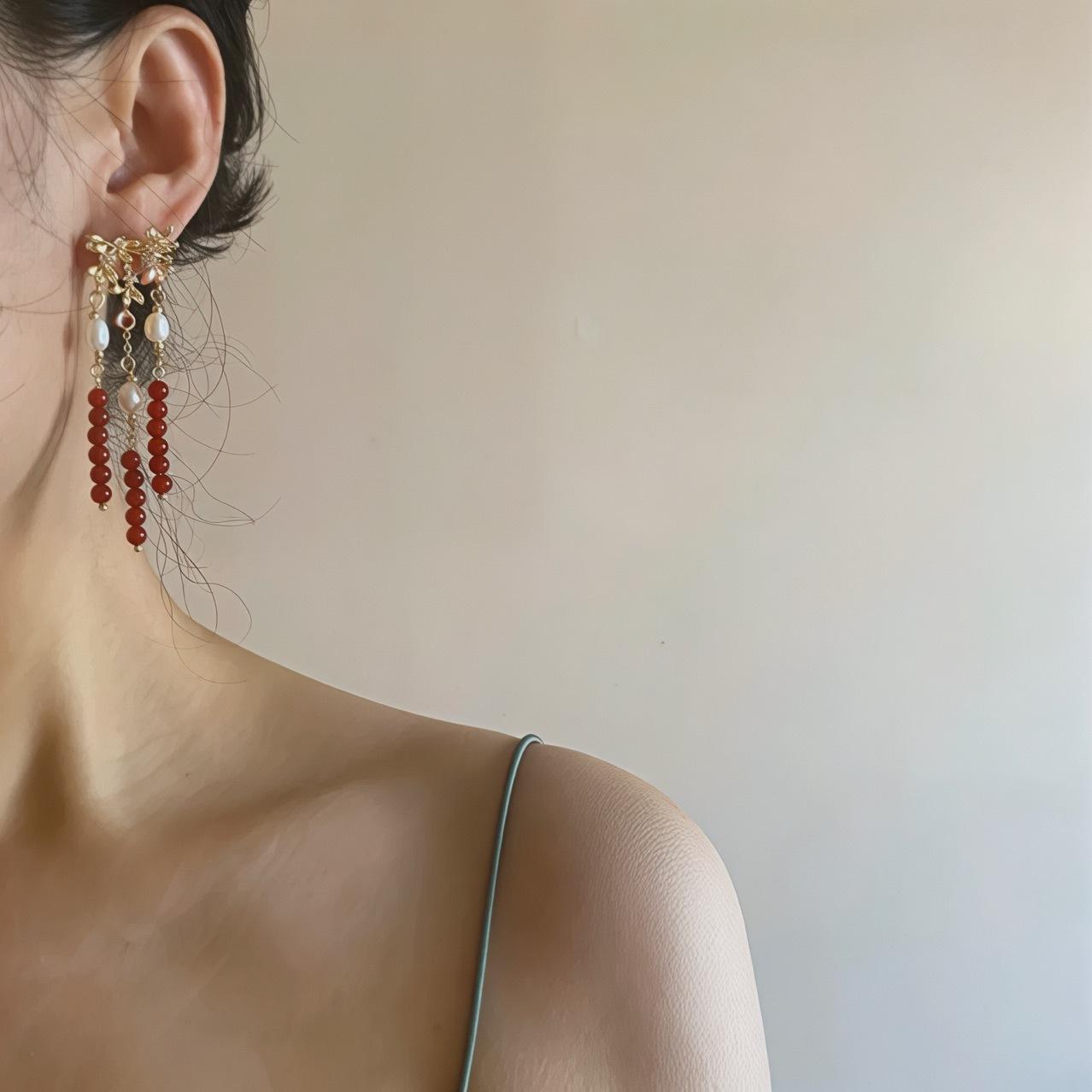 Красные праздничные преувеличенные персонализированные серьги-гвоздики тяжелая промышленность высококачественные серьги натуральный агат жемчуг новые китайские серьги Silver needle/zircon inlay