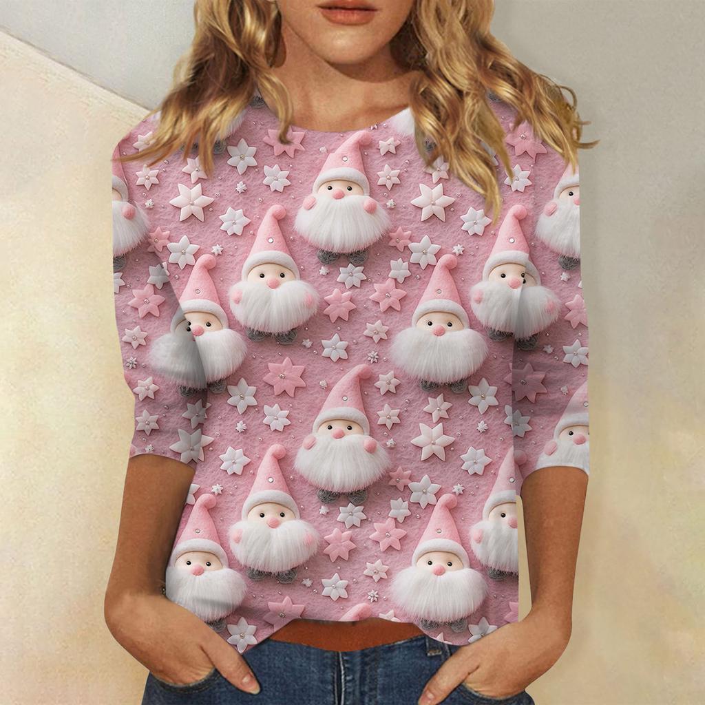 Women's Fashionable Casual Three-Quarter Sleeve Christmas Print Round Neck Top