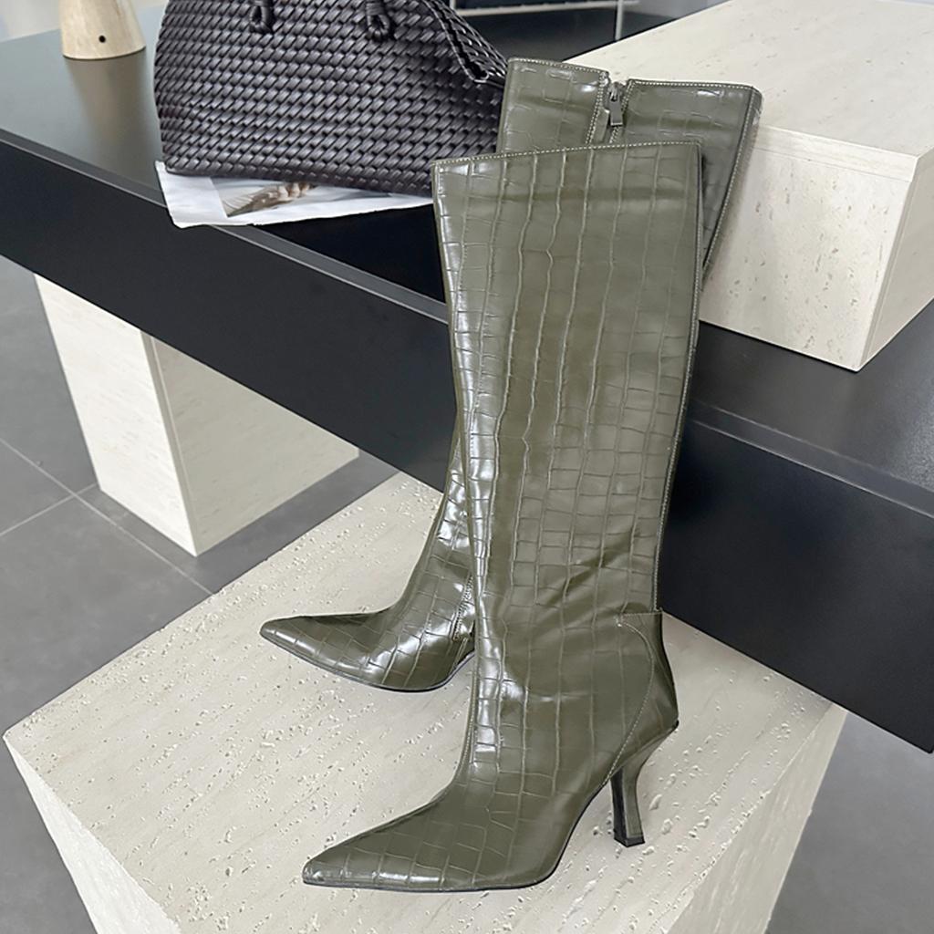 Fashion Eilyken Autumn Winter Stonegrain Pointed Toe Women Knee High Boots Fashion Thin Heels Shoes Long Booties Zapatos De Mujer
