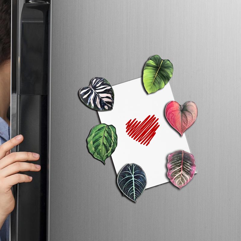 Dekorativní magnety na lednici, sada 6 kusů, design listů simulovaných rostlin, pro domácí dekoraci a připomínky