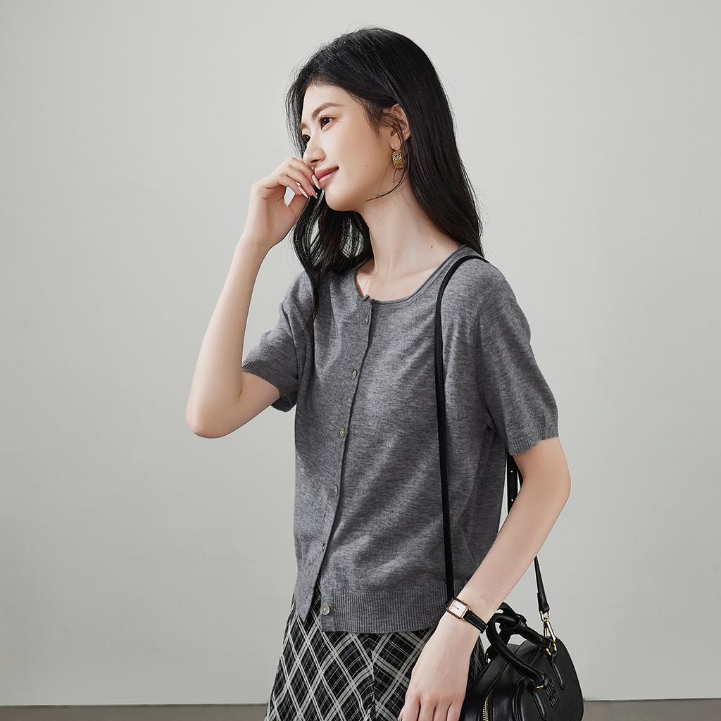 100% sheep wool round neck short sleeved wool sweater for women 2026 spring and autumn casual versatile short knitted top