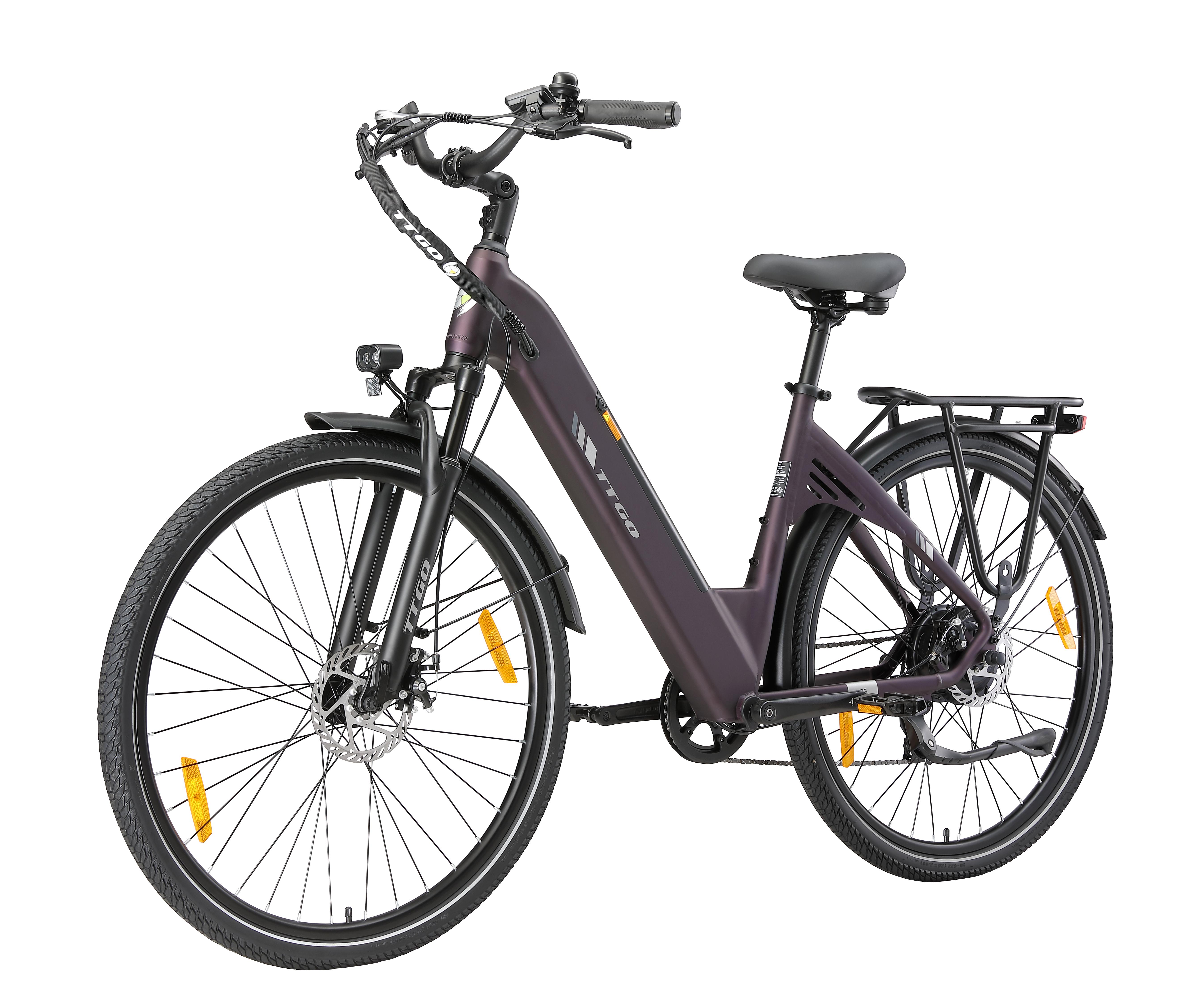 TTGO C3 SE Elektromos Kerékpár, 250W Motor, 36V 18Ah, 28 Hüvelykes Kerekek, Mechanikus Tárcsafékek, Max. Sebesség 25 km/h, Max. Hatótáv 80‑120 km, Felnőtt Városi Közlekedési Kerékpár lila