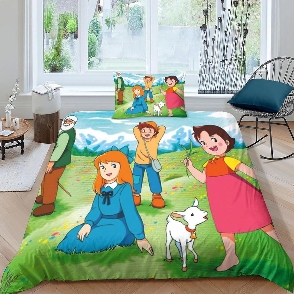 Anime Mädchen Bettbezug Set, Lustiger Heidi und Familie Cartoon Druck Cartoon Druck Bettdeckenbezug Bettwäscheset Passender Kissenbezug 75*50