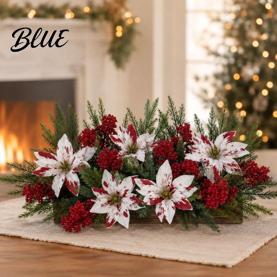Red Petal Holiday Floral Decor Christmas Artificial Flowers, Faux Poinsettia Stems with Berries & Maintenance Free Seasonal Plants Pine Branches,