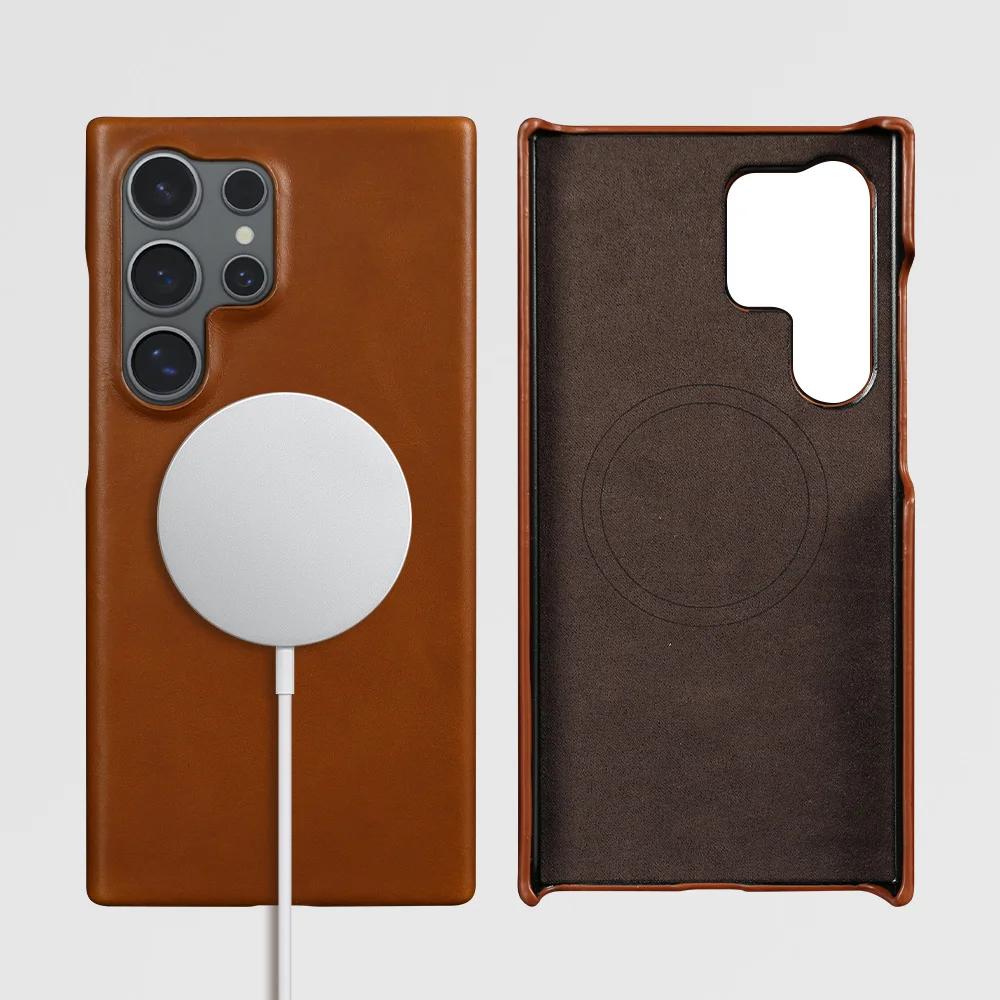 For Samsung S26 Ultra Case Magnetic Magsafe Oil Wax Genuine Leather Phone Cases For Galaxy S25 S24 S23 S22 Cover Wireless Charge