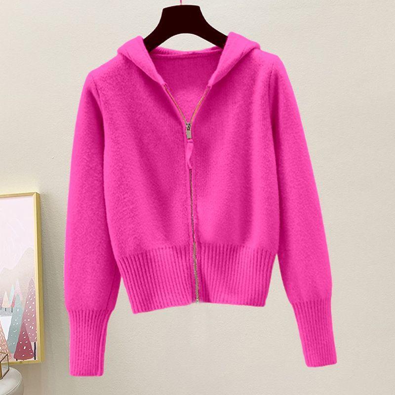 

Women’s Short Hooded Knitted Cardigan Autumn Winter Loose Soft Solid Color Zippered Knitted Cardigan Knit Jacket M