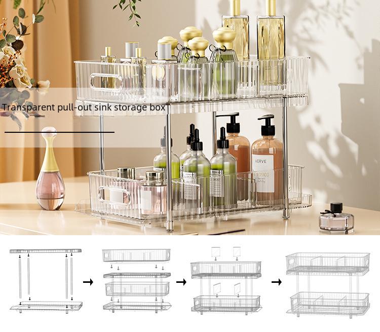 Double-Layer Pull-Out Cosmetic & Kitchen Storage Rack with Transparent Drawers