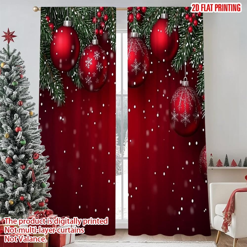 

Flat Printing Merry Christmas Drapes Pine Branches Snowflakes Polyester Without Electricity Family Party Curtain Set Of 2 Made Washable W100*H70(CM)-Hooks&2PCS