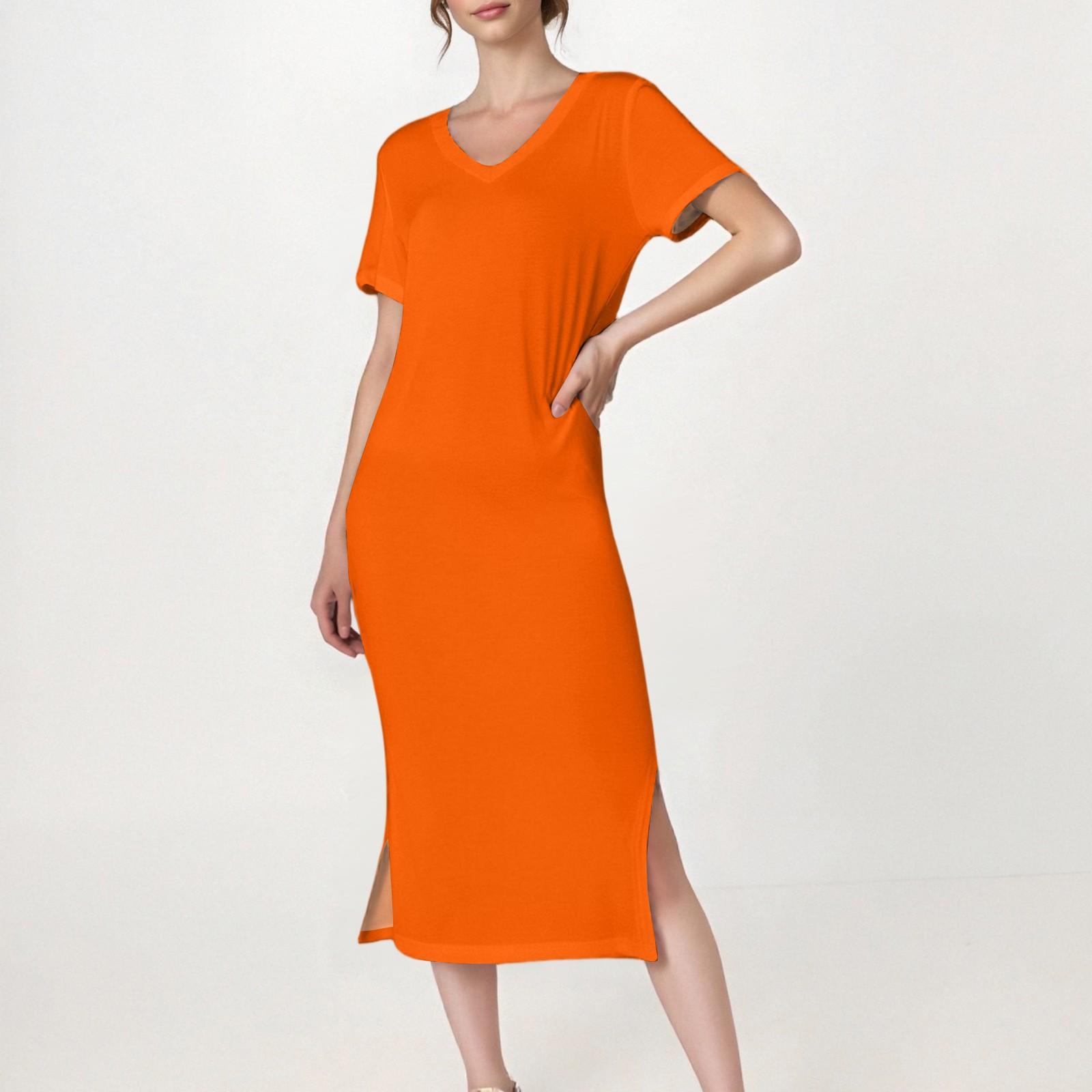 

Жіноча повсякденна однотонна сукня з V-подібним вирізом, короткими рукавами, розрізом подолу та кишенями XXL шафрановий
