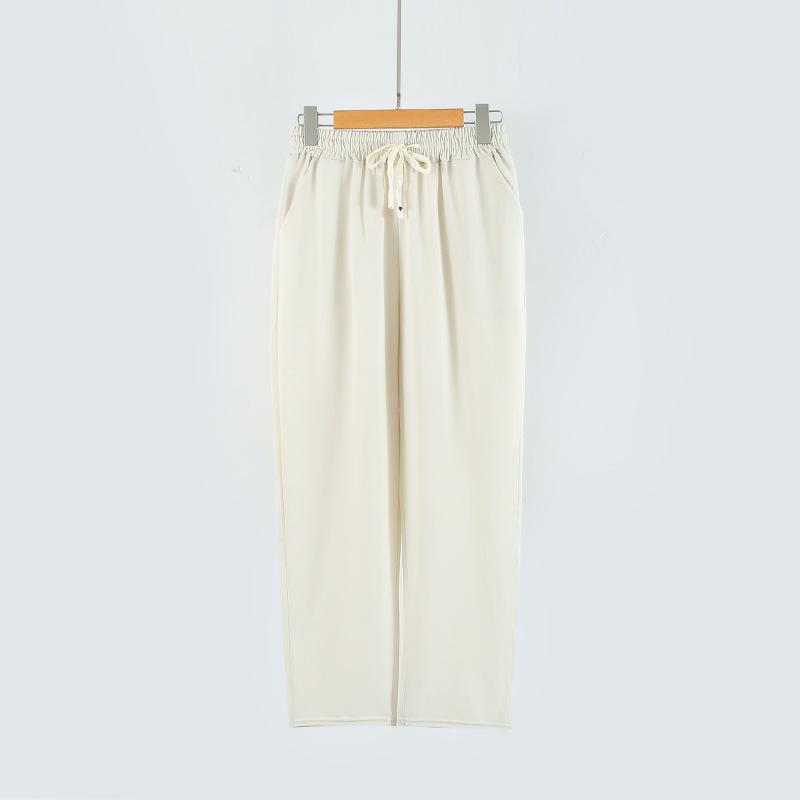 Summer New Hibiscus Silk Women's Cropped Pants with High Waist and Loose Drawstring Made of Silk with Ice Sensation and Pressure Wrinkles