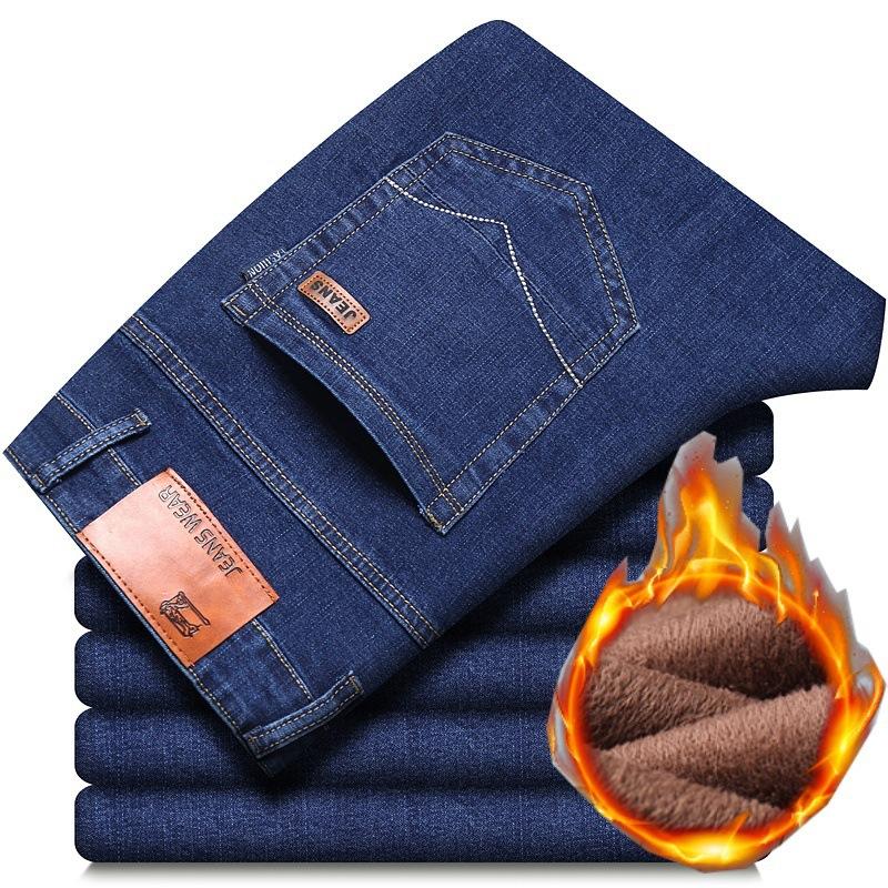 Fashion Padded Thickened Jeans Men's Autumn and Winter Models Loose Straight with Flannel Warm Men's Winter Trousers