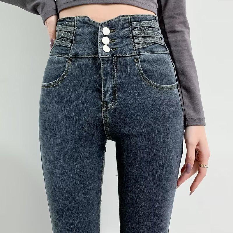 Women's high-waisted jeans, warm and thin pants in winter, pencil pants, tight belly and long pants