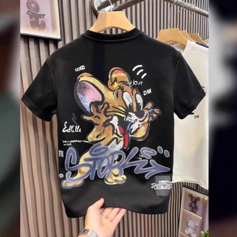 Mens Loose Fit Short Sleeve T-Shirt With Cartoon Embroidery Print Cotton Crew Neck Casual Top