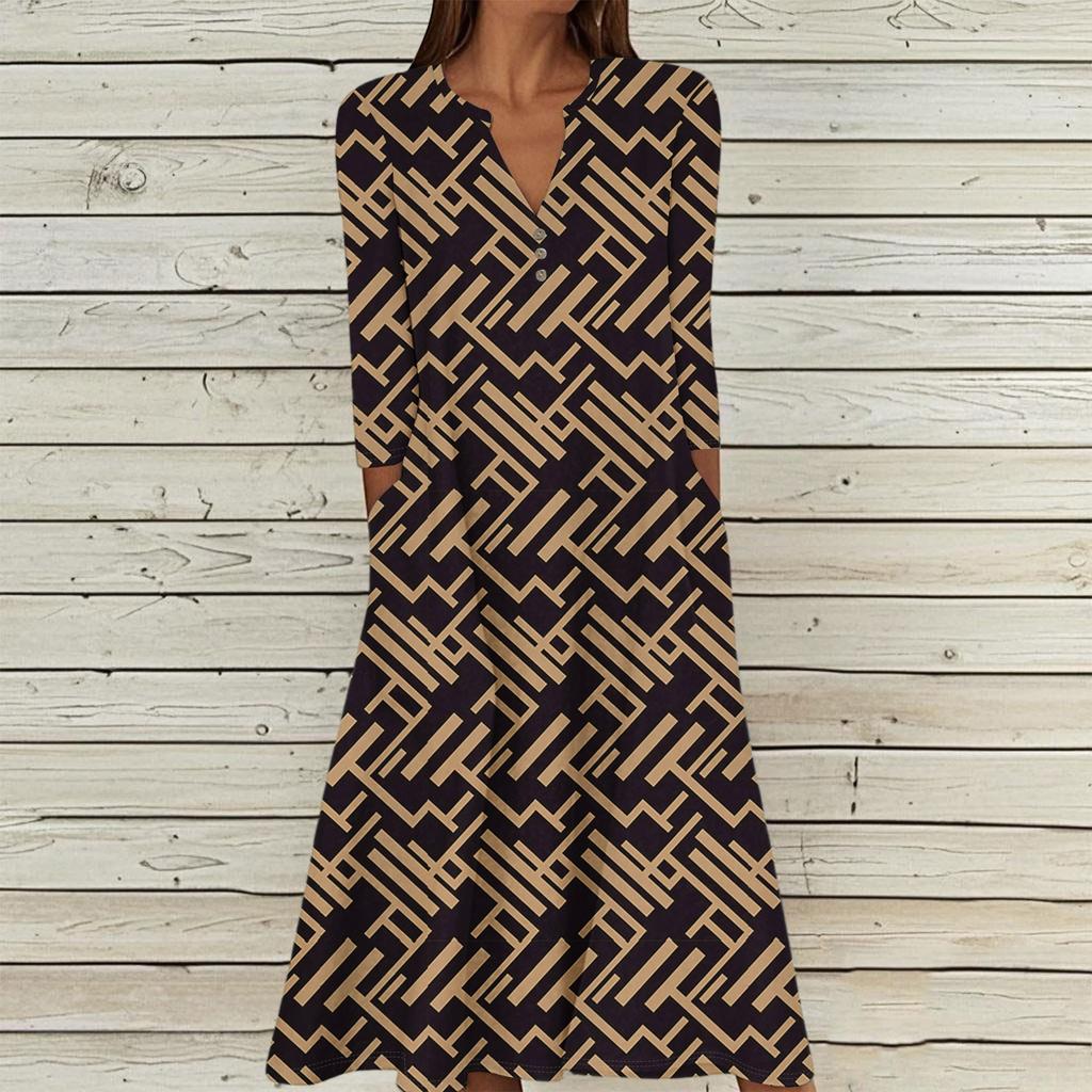 Women's Summer Casual V-Neck Button Vintage Floral Print Three-quarter Sleeve Long Dress With Pockets