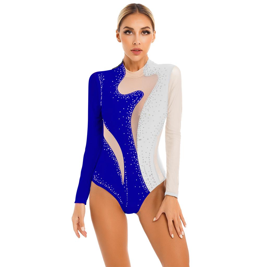 Women Long Sleeve Rhinestones Mesh Gymnastics Leotard Bodysuit Ice Skating Jumpsuit