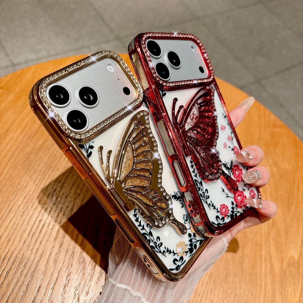 Glitter Diamond Flower Butterfly Case for For Iphone 16 1 14 13 17 Pro Max Air Plus 12 Plating Bling Rhinestone Phone Cover