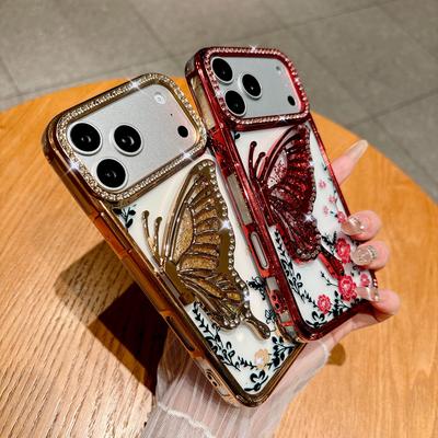 Glitter Diamond Flower Butterfly Case for For Iphone 16 1 14 13 17 Pro Max Air Plus 12 Plating Bling Rhinestone Phone Cover