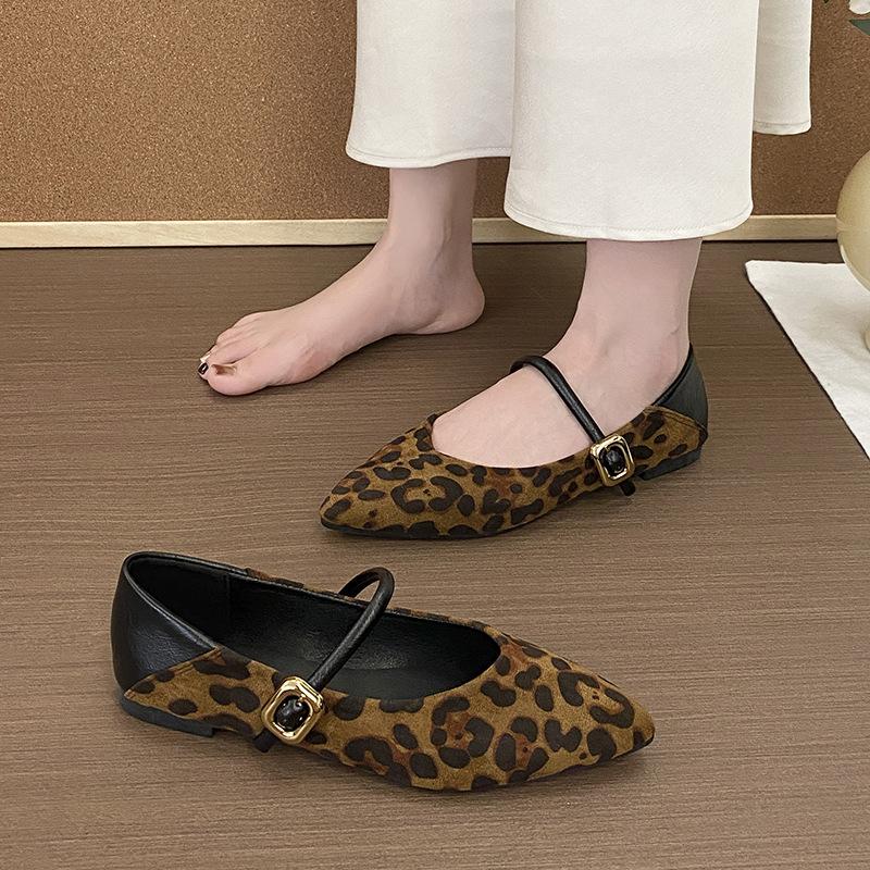 Leopard Print Pointed Mary Jane Shoes Women's 2025 Autumn New Flat-bottomed Large-size One-word Belt Two Wear Shallow Pointed Shoes