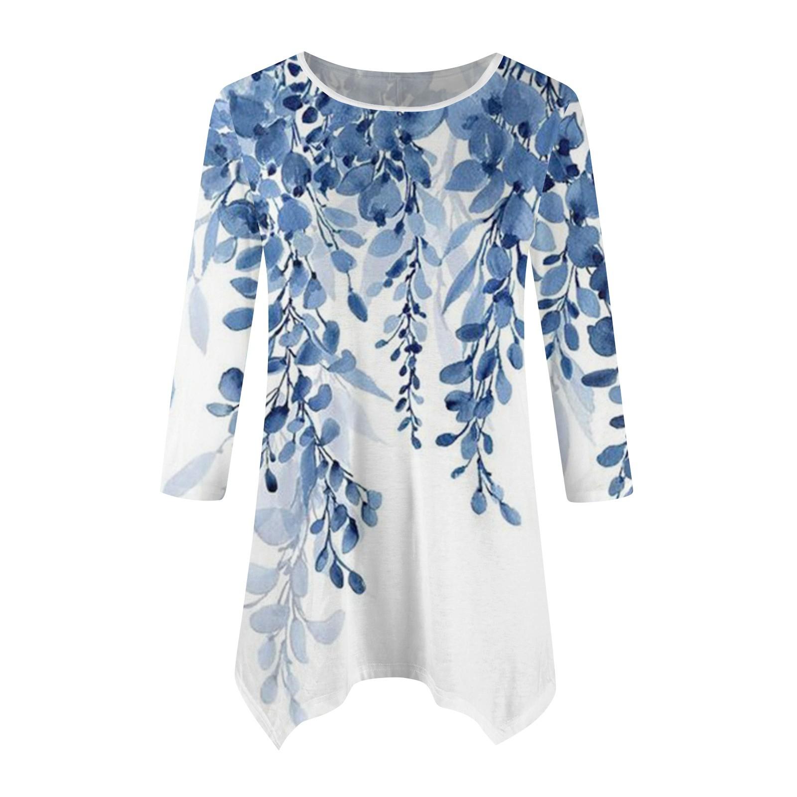 Women s Fashion Casual -neck Floral Print Seven-point Sleeve Shirt Belted Loose Comfortable Top XL