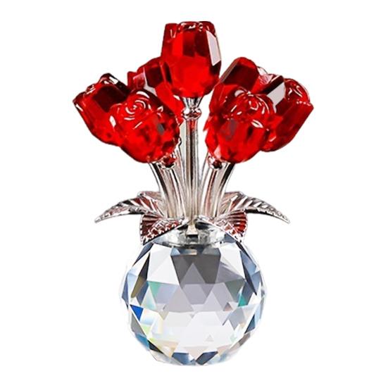 Faux Crystal Rose Flower Ornament Handmade Bouquet Figurine Mini Flower Vase Decoration Wife Girlfriend Women Wedding Anniversary Birthday Gift