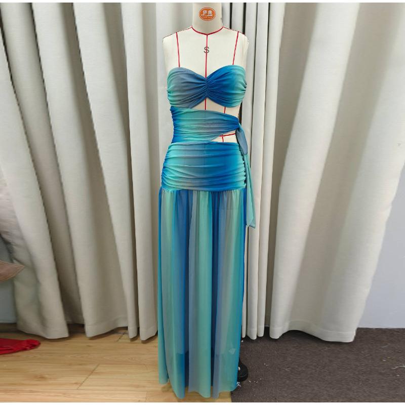 

Синее градиентное сетчатое плиссированное длинное платье для женщин, модное платье без рукавов с открытыми плечами и высоким разрезом, новое женское пляжное вечернее платье M синий/зелёный