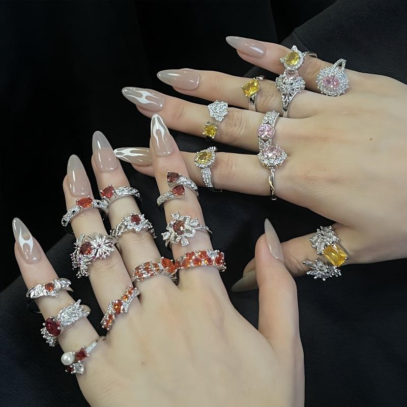 Color Series Yellow Diamond Pink Diamond Red Diamond Open Ring Light Luxury French Premium Sense Micro-Inlaid Diamond Zircon Ring Women
