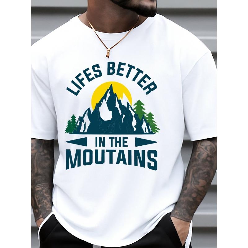 

European sizes Men s Funny Mountain & Lives Better in the Mountains Print T-Shirt Breathable Short Sleeve Round Neck Tee Suitable 4XL білий